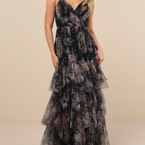 Lulus Wonderfully Perfect Black Floral Mesh Tiered Maxi Dress - Size XS